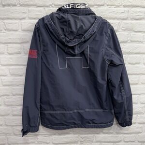 TOMMY HILFIGER Jacket Hooded Nylon Navy Blue Windbreaker Men's Sz M Y2K  Logo